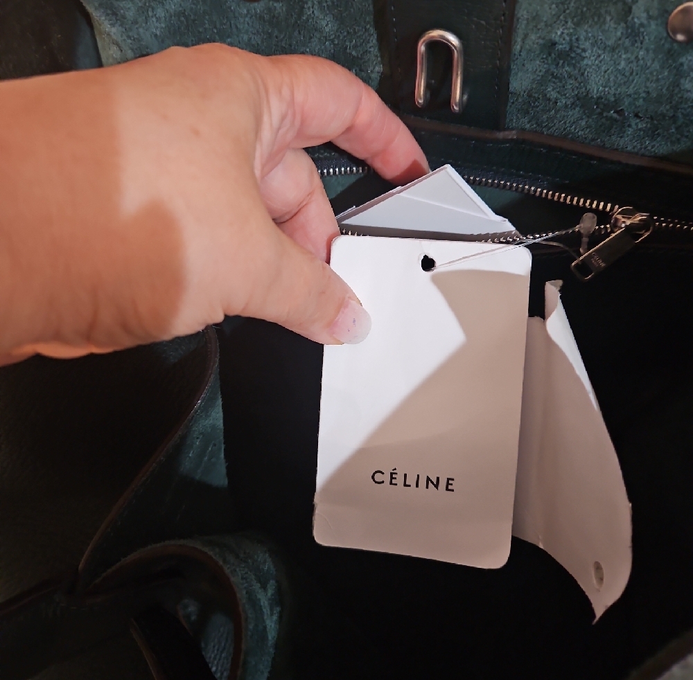 Celine Dark Green Pebbled Leather Shoulder Tote - Picture 4 of 7